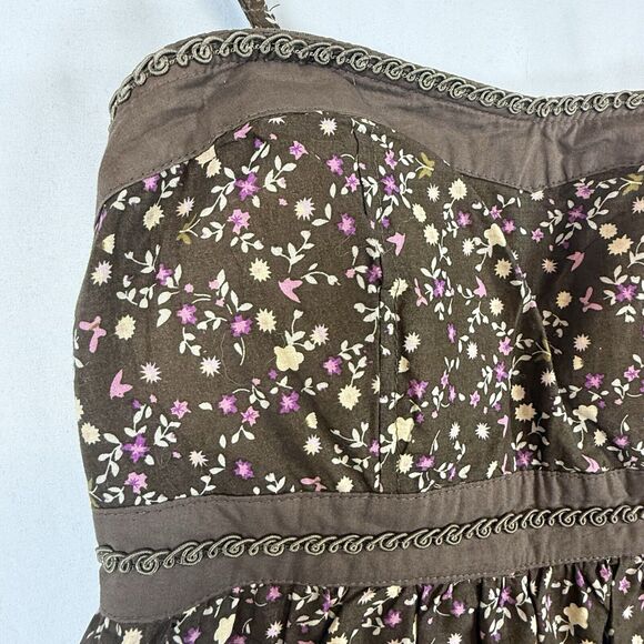 VTG Y2k Brown Dark Florals Embroidered Mini Dress Fairy Whimsy Cotton SIZE SMALL - Picture 5 of 13